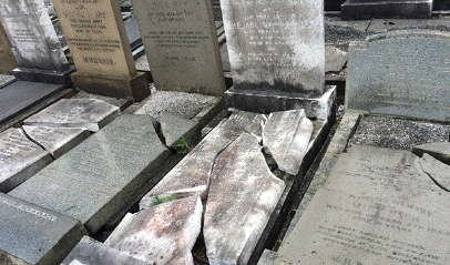 Vandalism at the
Charlestown
Jewish
Cemetery,
Manchester,
UK.
